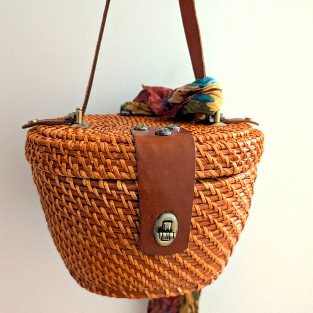 Patricia Nash Tan Woven Shoulder Bag with Leather and Scarf